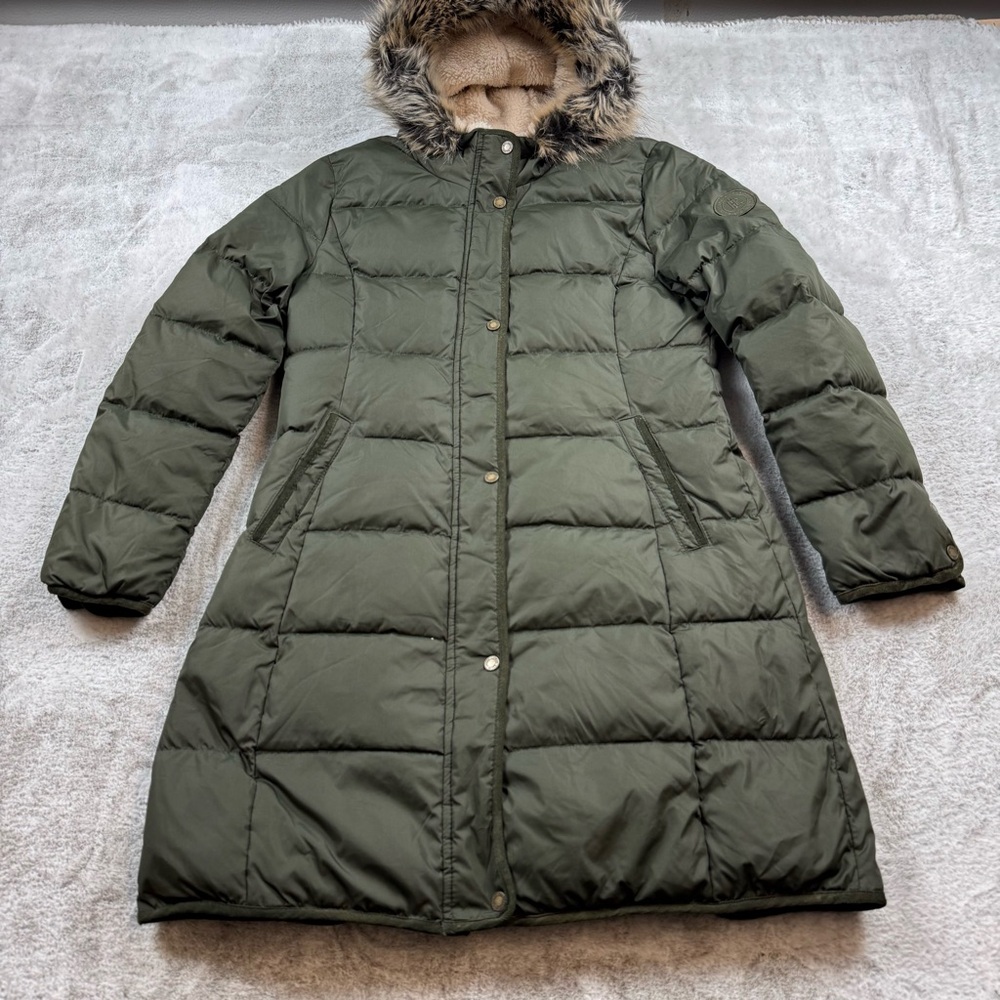 Lauren Ralph Lauren faux fur trim down puffer hooded coat parka women’s M green